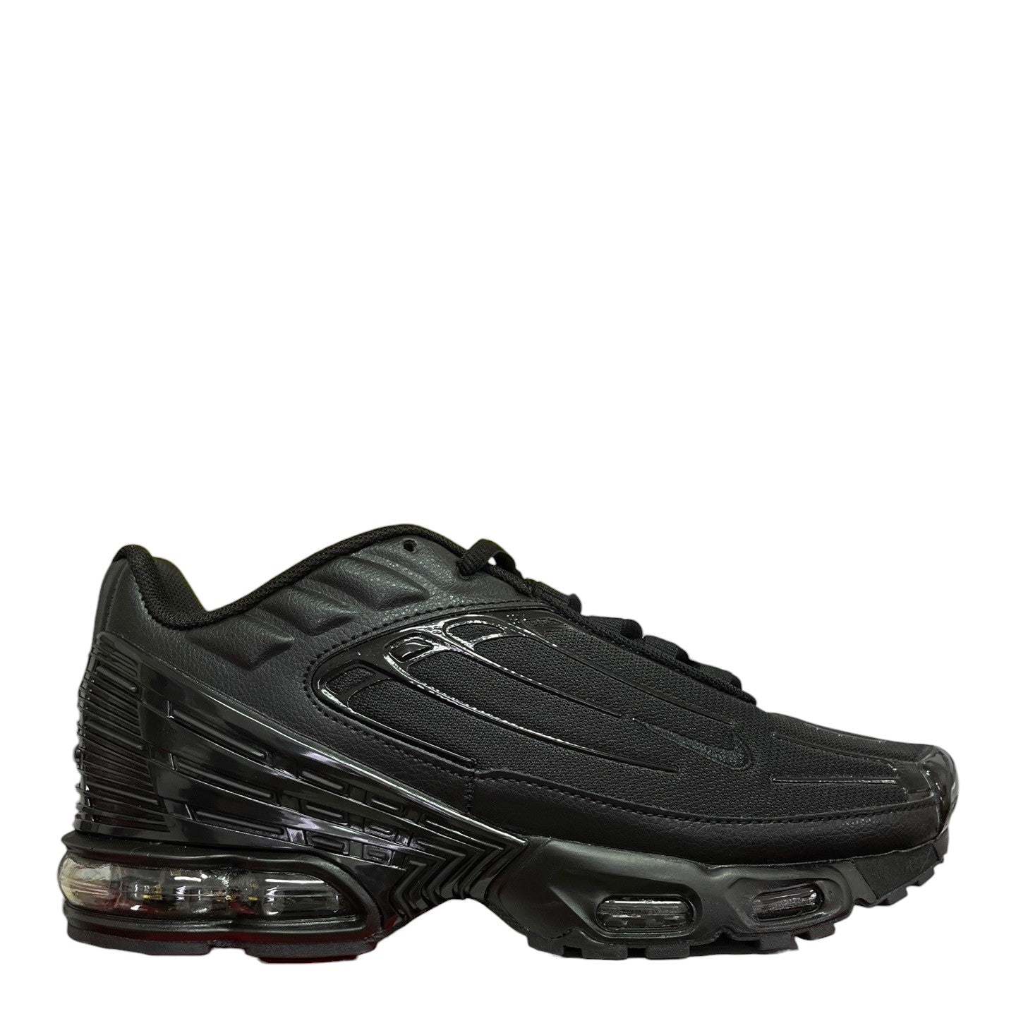 Luxury Chef black leather Nike Air Max Plus III sneakers with visible air cushioning and a glossy swoosh.