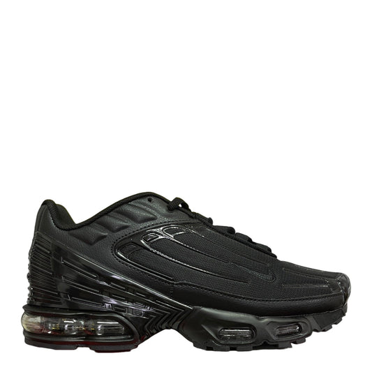 Luxury Chef black leather Nike Air Max Plus III sneakers with visible air cushioning and a glossy swoosh.