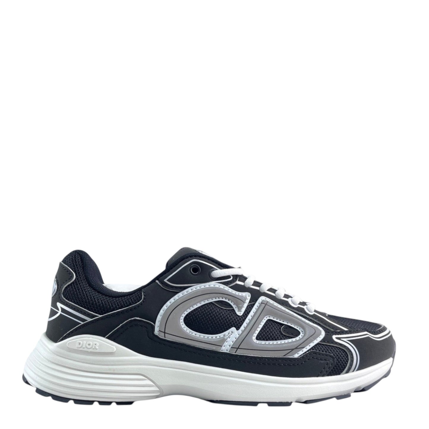 Luxury Chef DIOR B30 black microfiber mesh sneakers with white laces and CD logo detail.