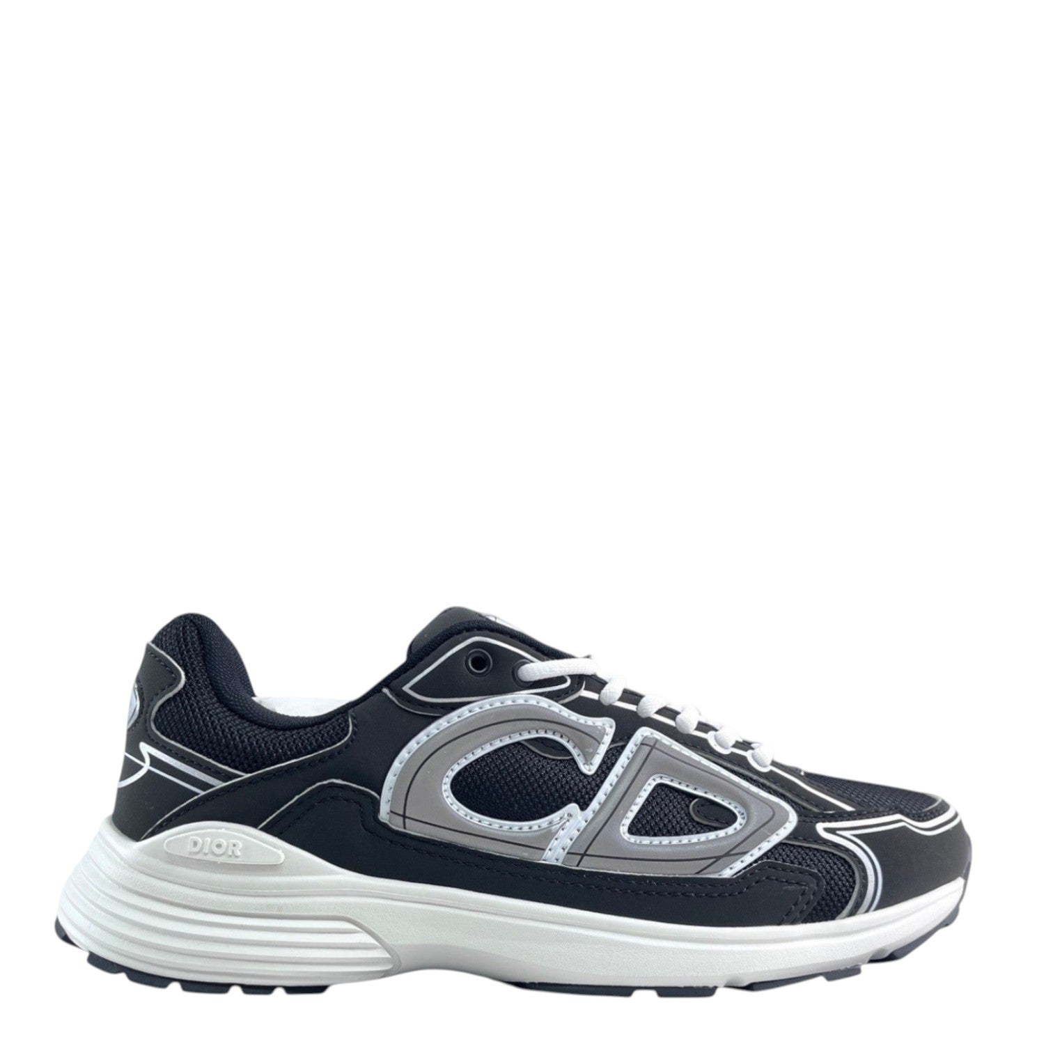 Luxury Chef DIOR B30 black microfiber mesh sneakers with white laces and CD logo detail.