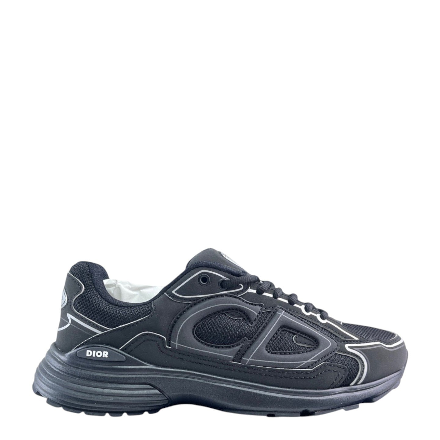 Luxury Chef DIOR B30 black microfiber mesh sneakers with white accents and a chunky sole.