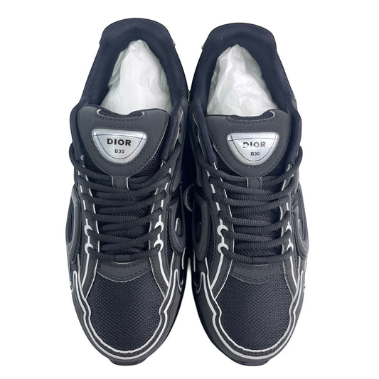 Luxury Chef DIOR B30 black mesh and leather sneakers with white flame detailing and silver logo.