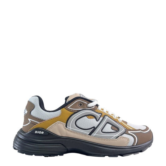 Luxury Chef DIOR B30 sneakers in brown, grey, and tan microfiber mesh with CD logo detail.