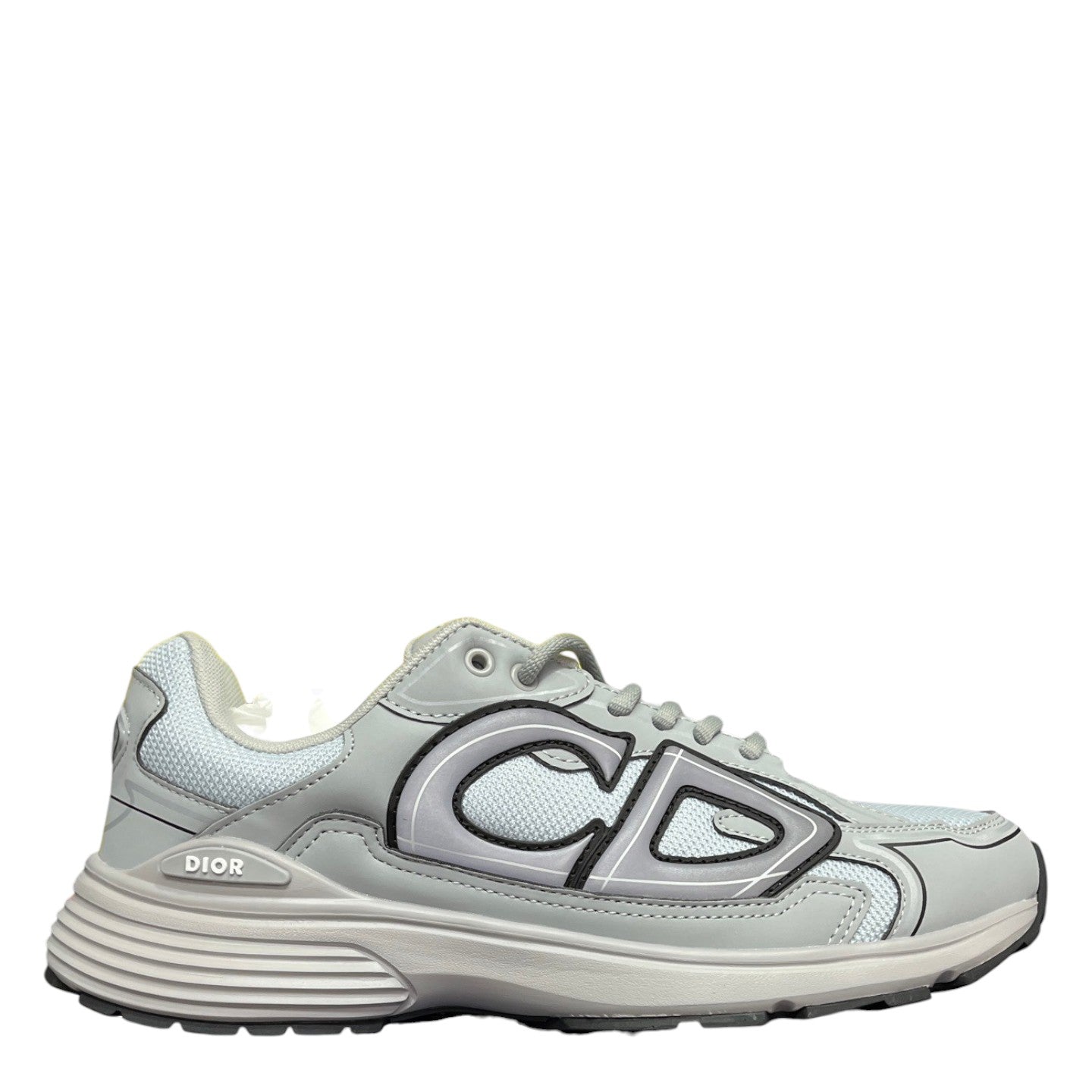Luxury Chef DIOR B30 grey microfiber mesh sneakers with CD logo detail and chunky sole.