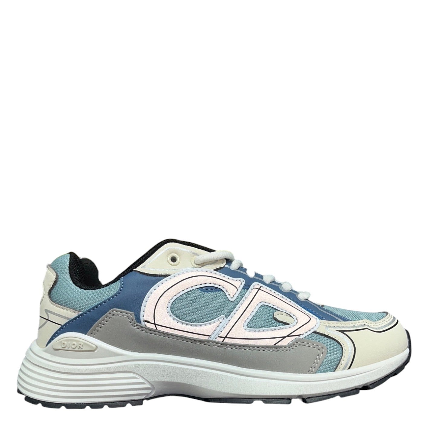 Luxury Chef DIOR B30 sneakers in blue, grey, and cream microfiber mesh with reflective CD logo.