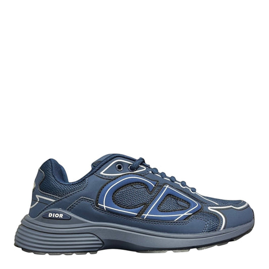 Luxury Chef DIOR B30 navy blue microfiber mesh sneakers with white accents and CD logo detail.