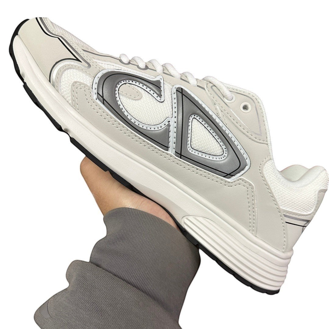 Luxury Chef DIOR B30 white and grey leather and mesh sneakers with CD logo detail.