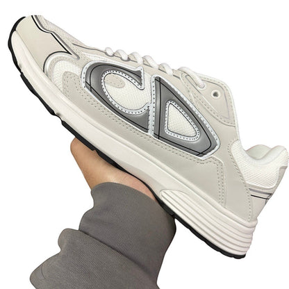 Luxury Chef DIOR B30 white and grey leather and mesh sneakers with CD logo detail.