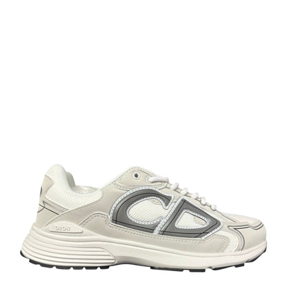 Luxury Chef DIOR B30 white microfiber mesh sneakers with grey CD logo detail and white laces.
