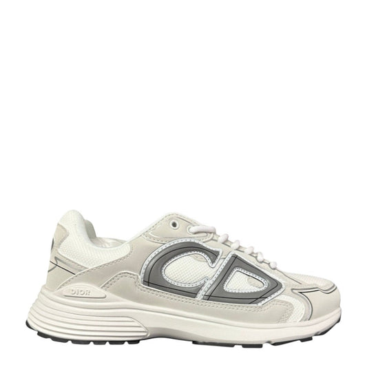 Luxury Chef DIOR B30 white microfiber mesh sneakers with grey CD logo detail and white laces.