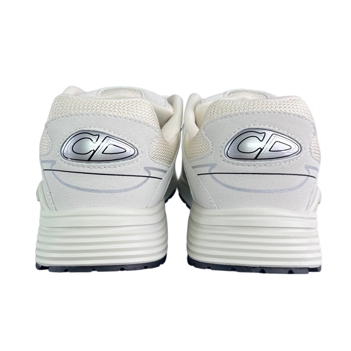 Luxury Chef DIOR B30 white mesh and leather sneakers with silver CD logo detail.