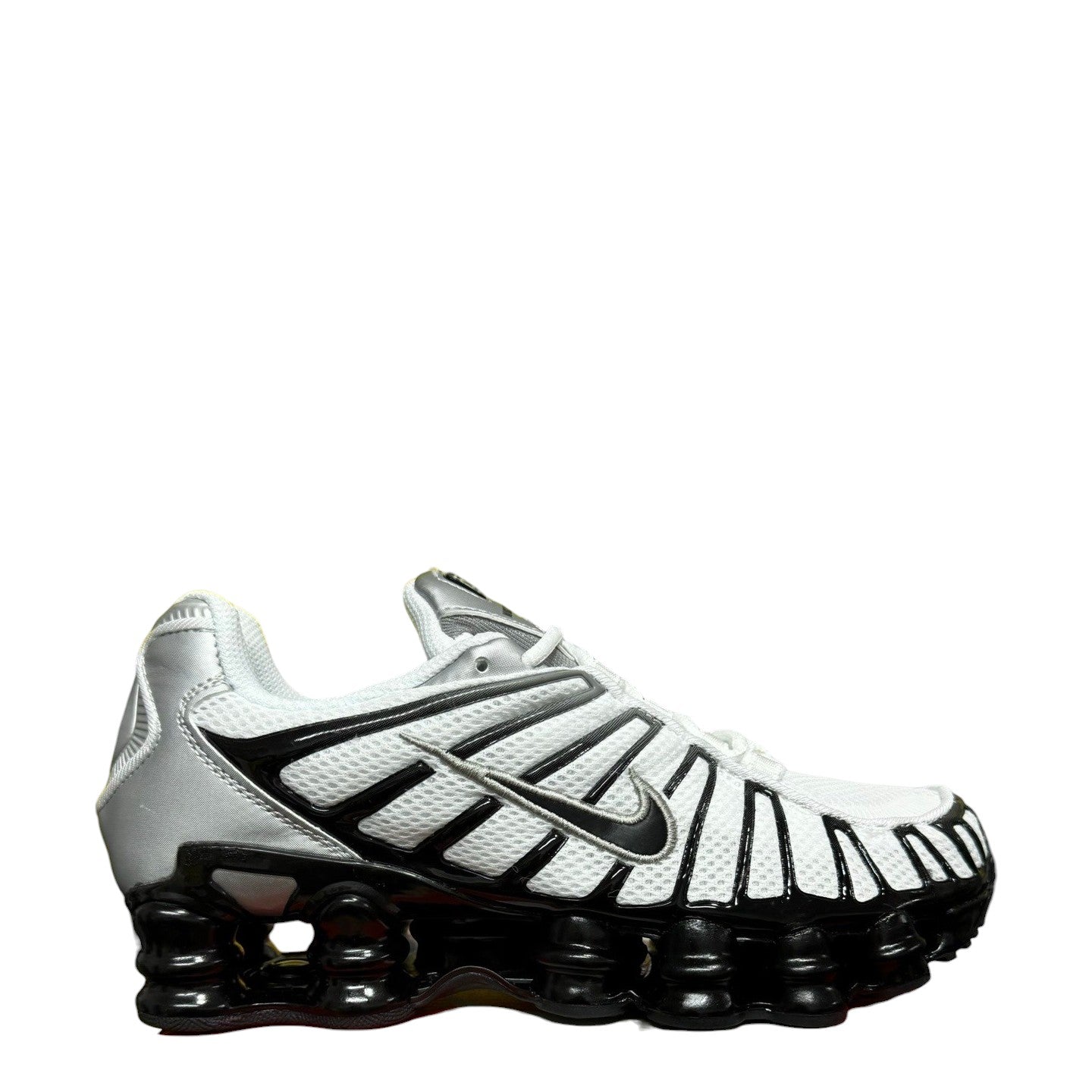 Luxury Chef KOBE 6 white and black mesh sneakers with silver accents and signature Nike swoosh. Chunky black sole with unique column cushioning.