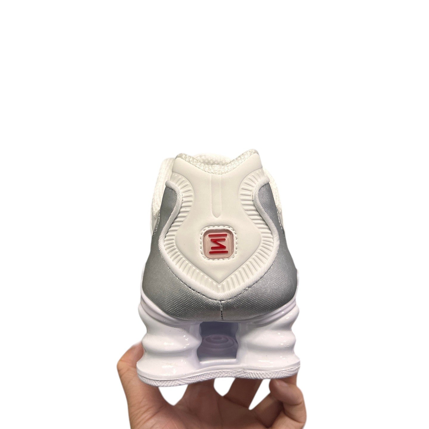 Luxury Chef KOBE 6 white and silver athletic shoes with red logo detail and chunky white sole.