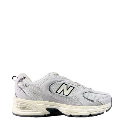 Luxury Chef New Balance 530 light grey and white mesh and leather sneakers with ABZORB sole.