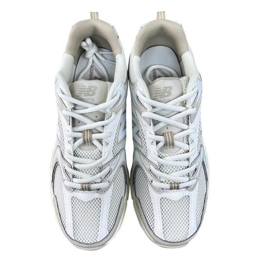 Luxury Chef New Balance 530 off-white mesh and leather sneakers with tan accents and white laces.