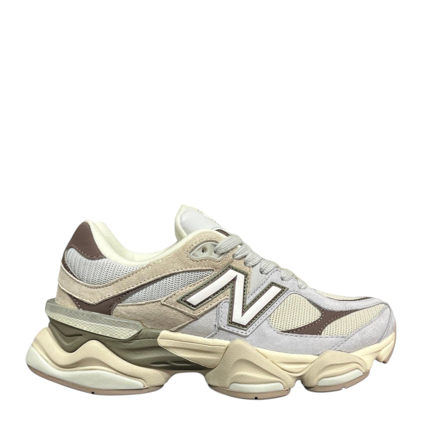Luxury Chef New Balance 9060 lifestyle sneakers in beige, grey, and brown suede and mesh with a chunky sole.
