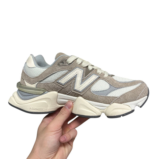 Luxury Chef New Balance 9060 beige suede and mesh sneakers with cream ABZORB sole.