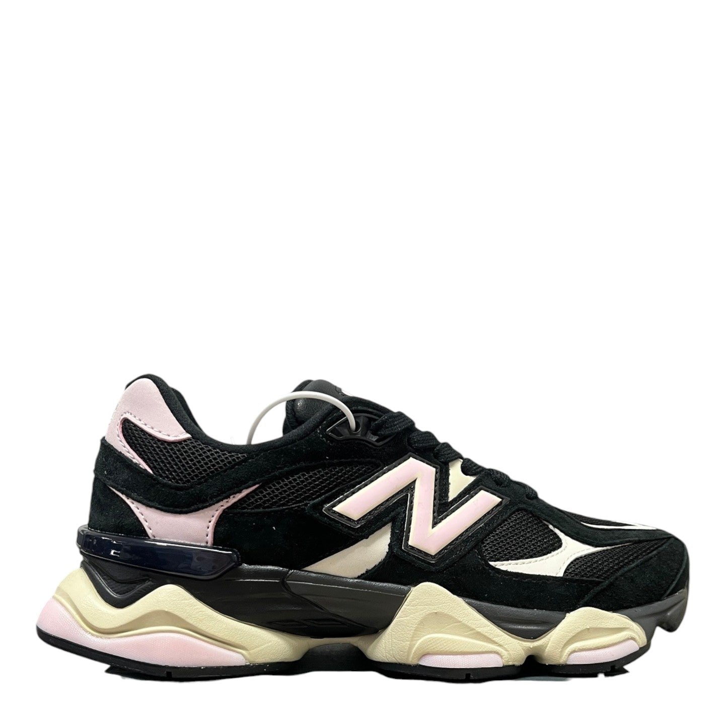 Luxury Chef New Balance 9060 black suede sneakers with pink and cream accents, mesh details, and chunky sole.