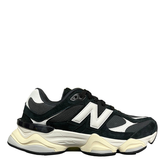 Luxury Chef New Balance 9060 black and white suede and mesh lifestyle sneakers with chunky cream sole.