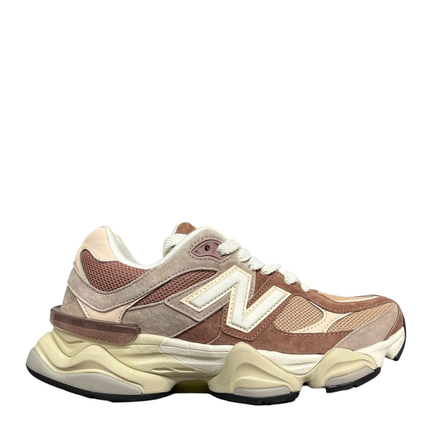 Luxury Chef New Balance 9060 sneakers in brown and cream suede and mesh with a chunky sole.
