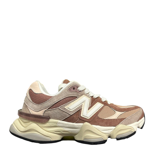 Luxury Chef New Balance 9060 sneakers in brown and cream suede and mesh with a chunky sole.