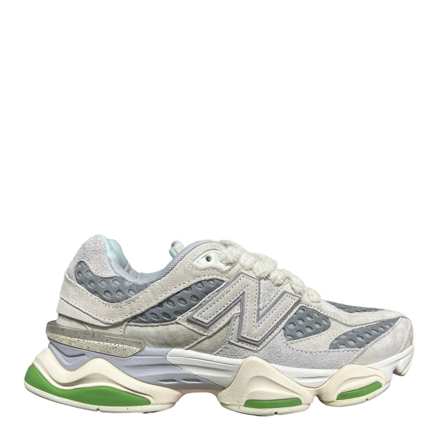 Luxury Chef New Balance 9060 sneakers in cream, grey, and light blue with green sole accents. Suede and mesh upper.