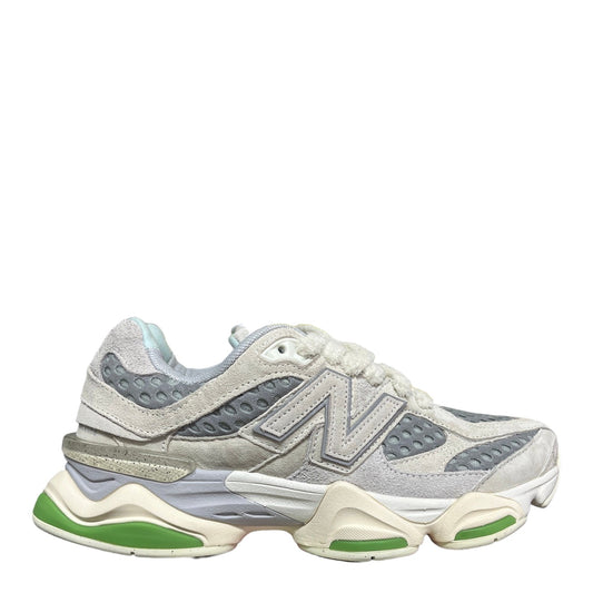 Luxury Chef New Balance 9060 sneakers in cream, grey, and light blue with green sole accents. Suede and mesh upper.