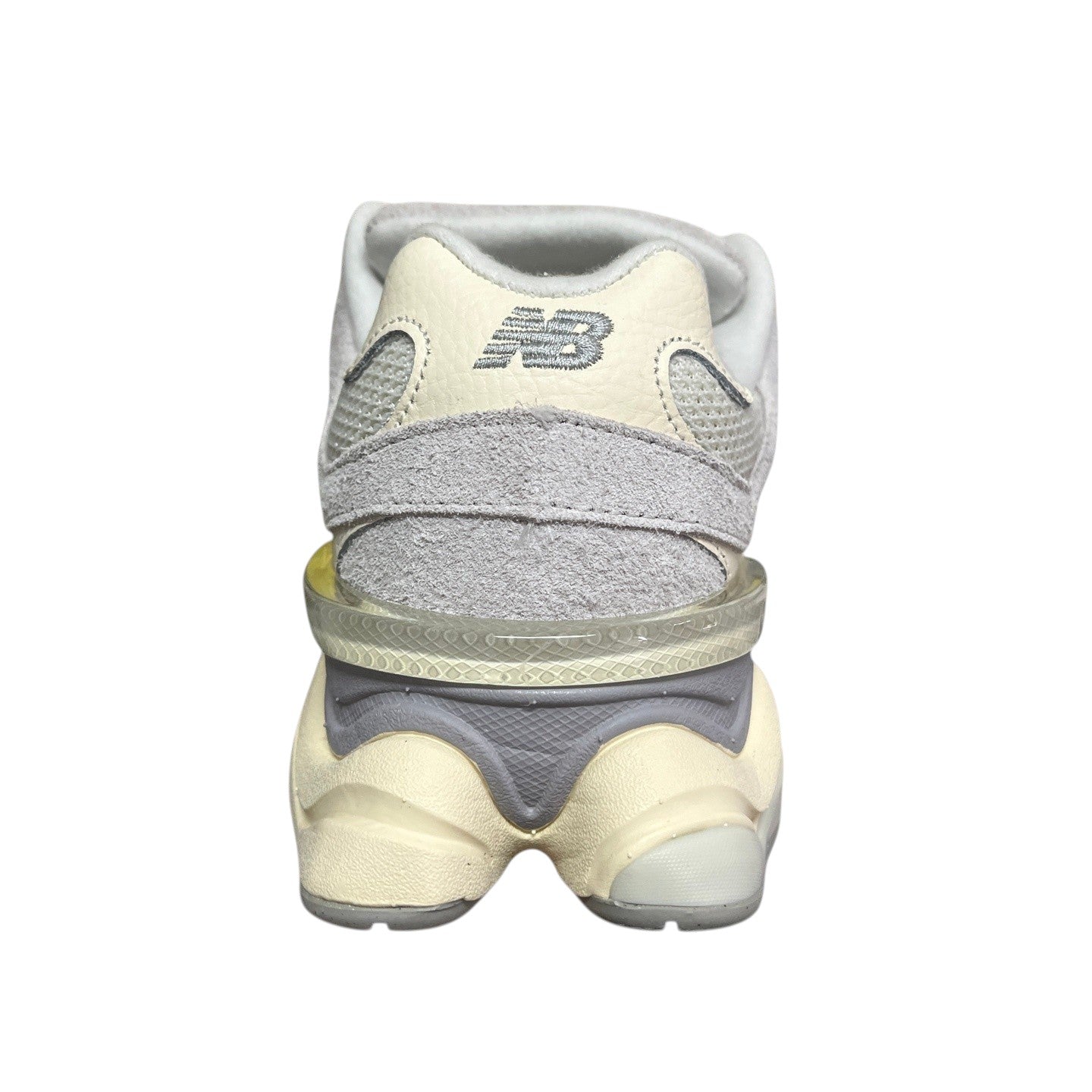 Luxury Chef New Balance 9060 cream and grey suede and mesh sneakers with translucent heel detail.