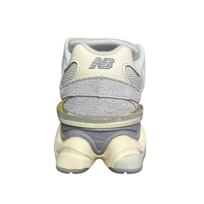 Luxury Chef New Balance 9060 cream and grey suede and mesh sneakers with translucent heel detail.