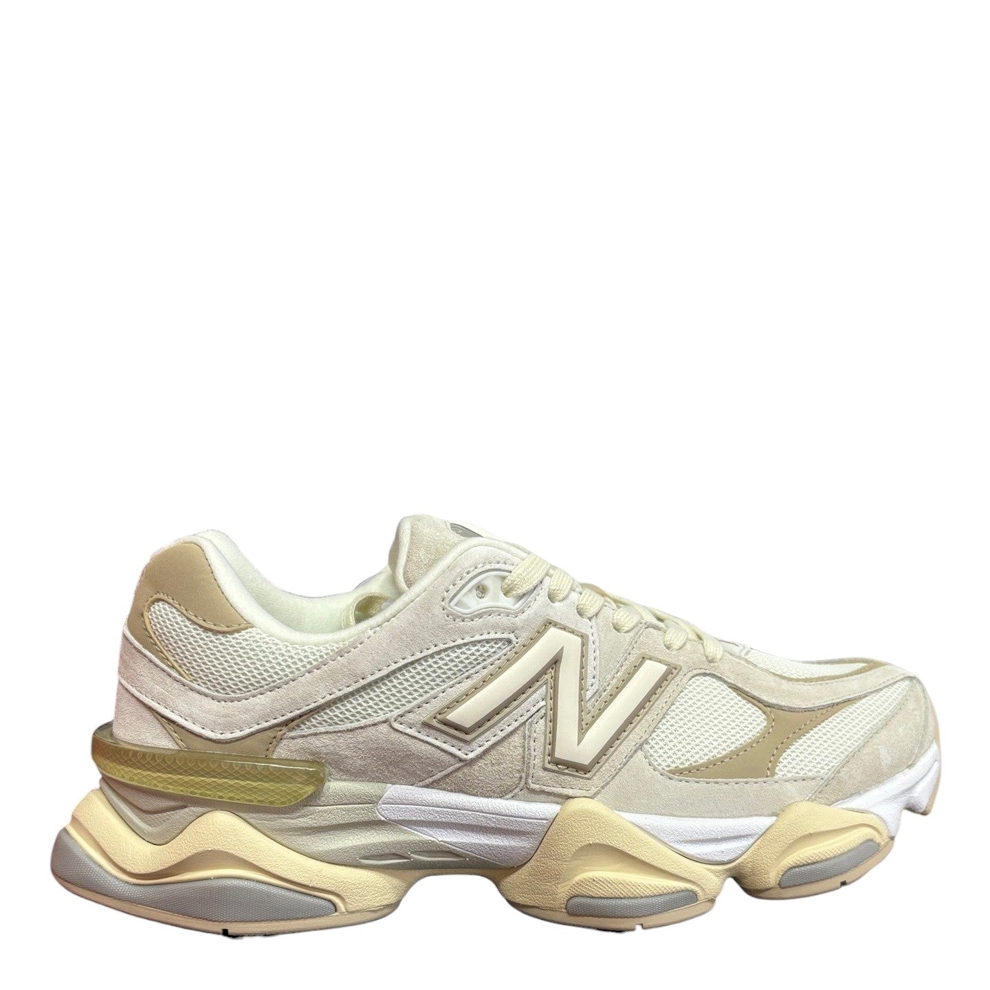 Luxury Chef New Balance 9060 cream and beige suede and mesh sneakers with chunky sole.