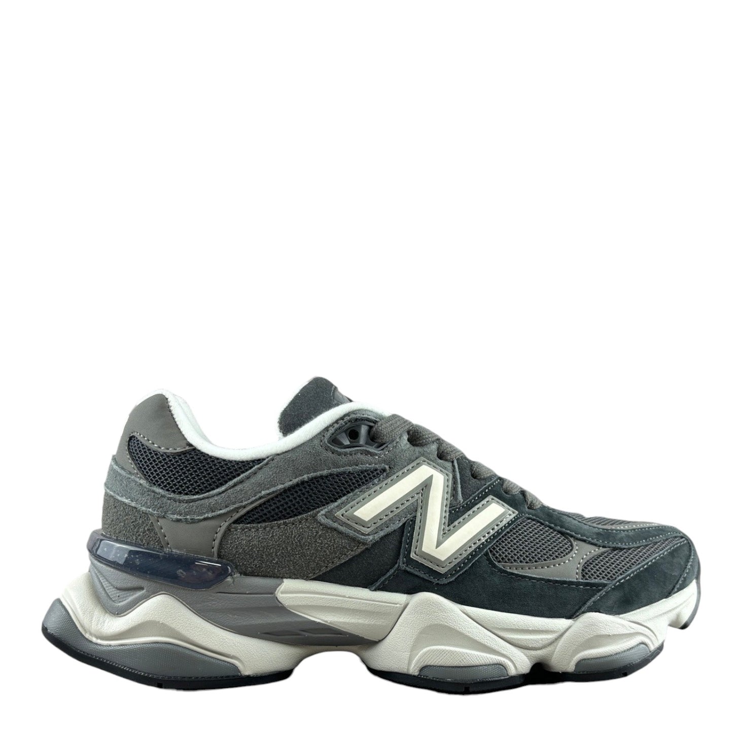 Luxury Chef New Balance 9060 grey suede and mesh lifestyle sneakers with white accents.