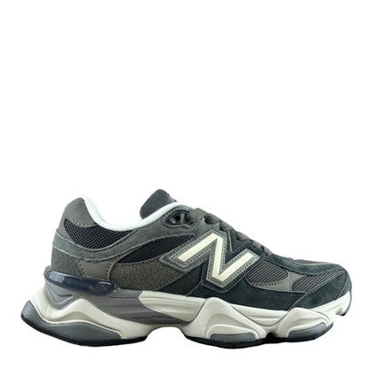 Luxury Chef New Balance 9060 grey suede and mesh lifestyle sneakers with white accents.