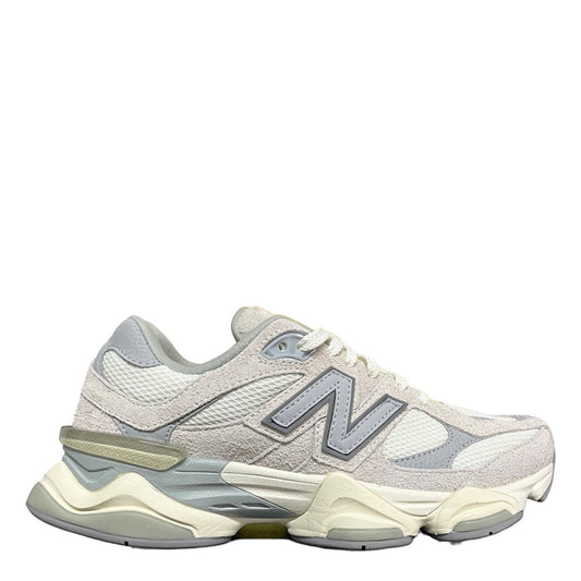 Luxury Chef New Balance 9060 sneakers in light grey suede and mesh with cream and light blue accents.