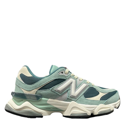 Luxury Chef New Balance 9060 sneakers in mint green and cream suede with mesh panels and a chunky white sole.
