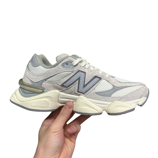 Luxury Chef New Balance 9060 sneakers in off-white and light grey suede and mesh with ABZORB cushioning.