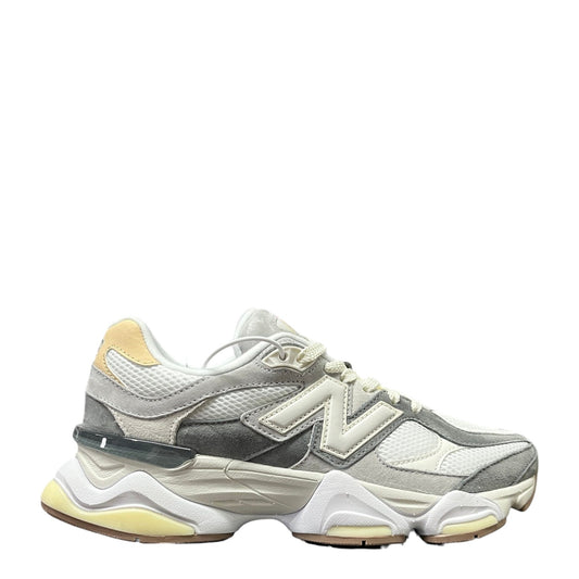 Luxury Chef New Balance 9060 sneakers in white, grey, and cream with suede and mesh details.