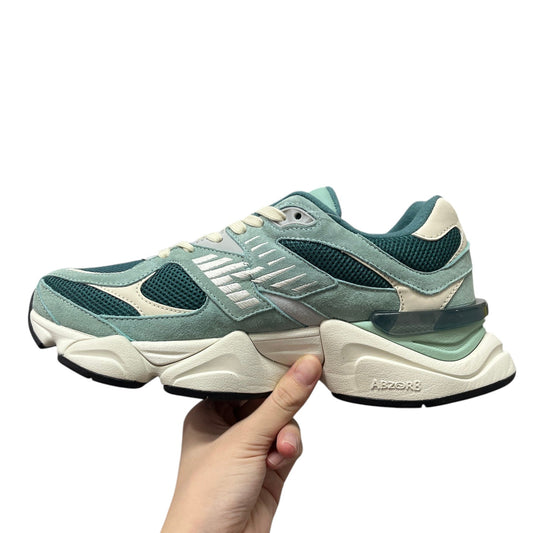 Luxury Chef New Balance 9060 sneakers in teal suede and mesh with cream accents and a chunky white sole.