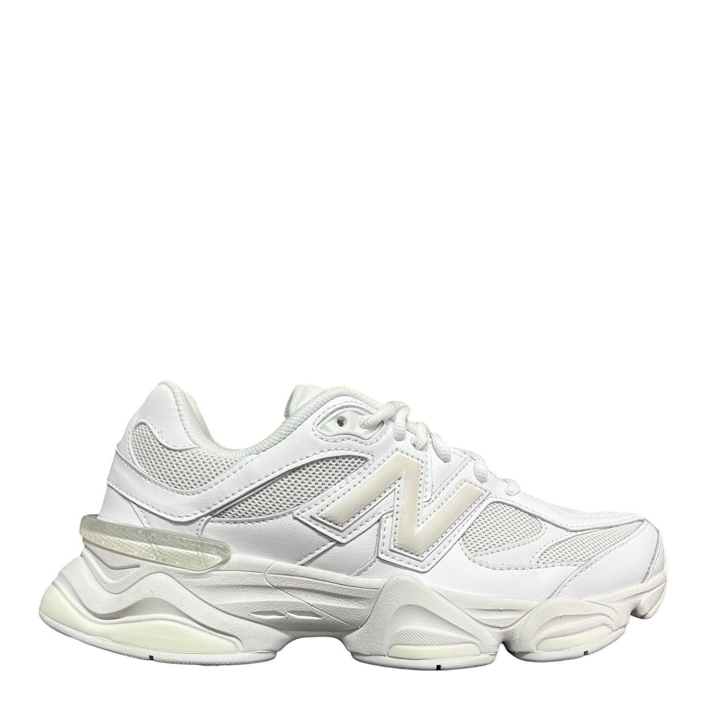 Luxury Chef New Balance 9060 white leather and mesh lifestyle sneakers with chunky sole.