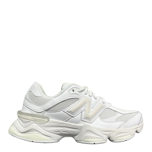 Luxury Chef New Balance 9060 white leather and mesh lifestyle sneakers with chunky sole.