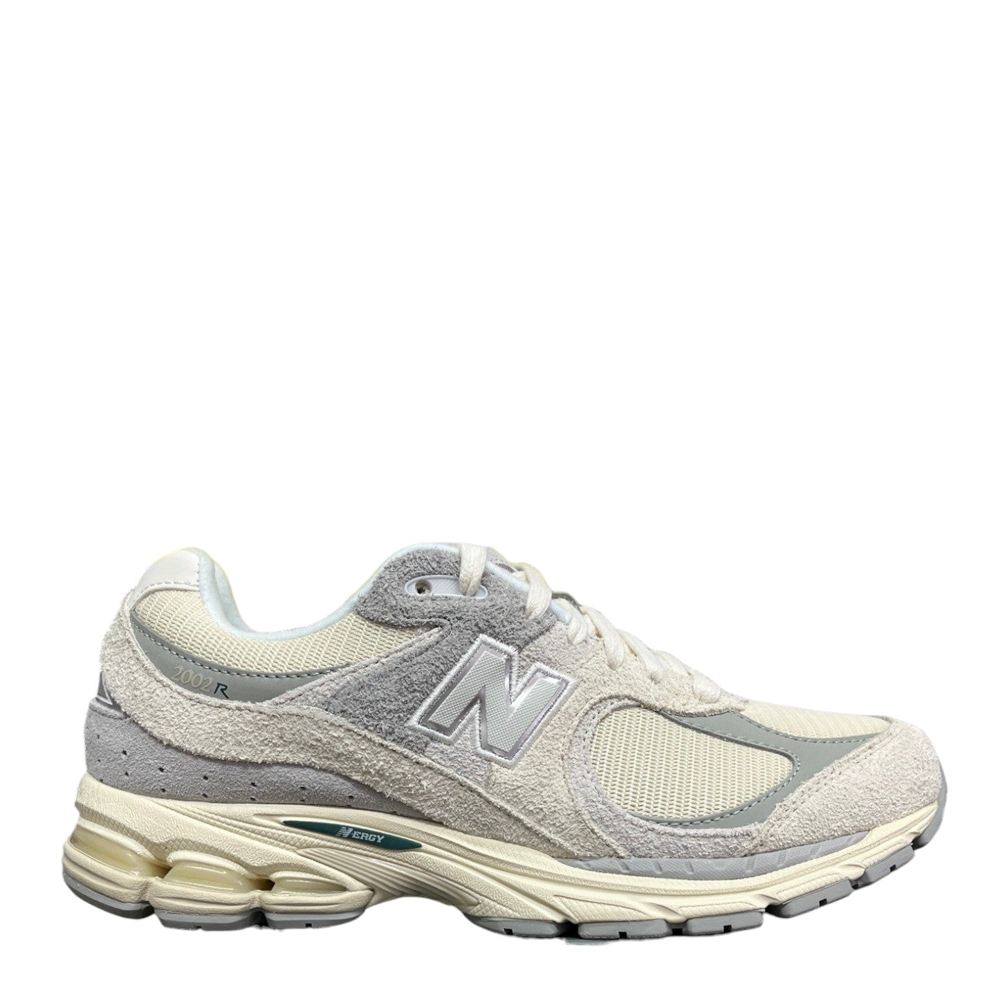 Luxury Chef New Balance 2002R sneakers in cream and light grey suede and mesh with N logo.