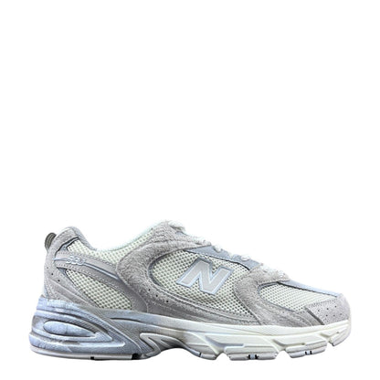 Luxury Chef New Balance 530 sneakers in light grey suede and white mesh with N logo.