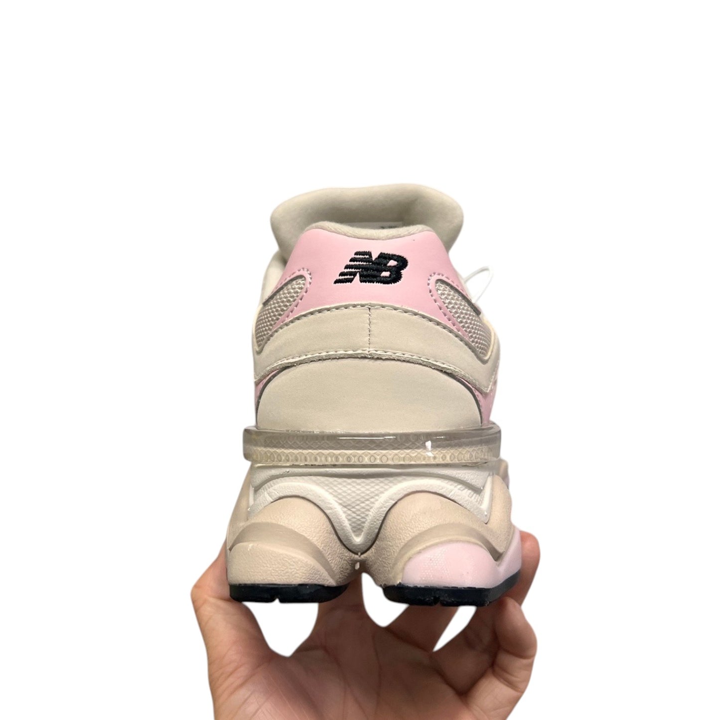Luxury Chef New Balance 9060 beige and pink mesh and suede sneakers with ABZORB cushioning.