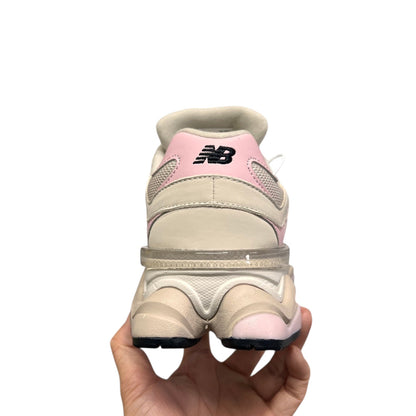 Luxury Chef New Balance 9060 beige and pink mesh and suede sneakers with ABZORB cushioning.