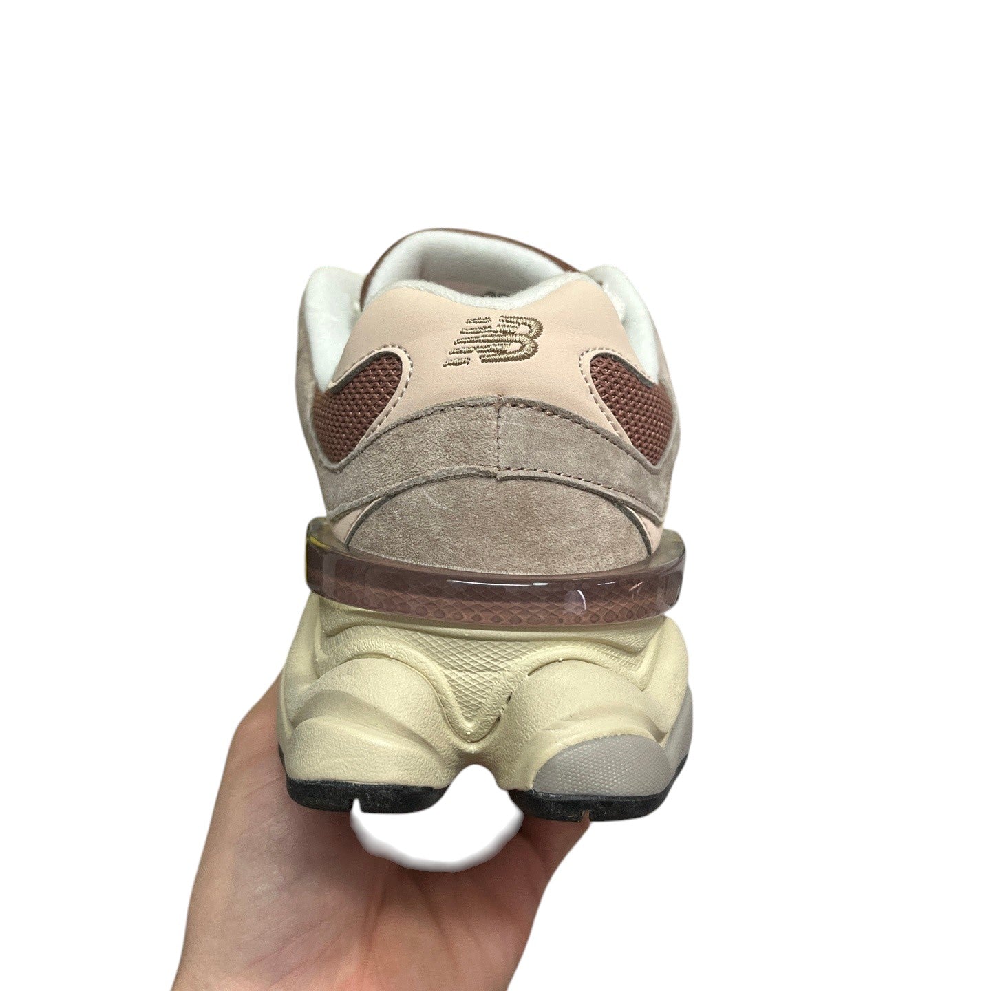 Luxury Chef New Balance 9060 beige and brown suede and mesh sneakers with a translucent heel accent.