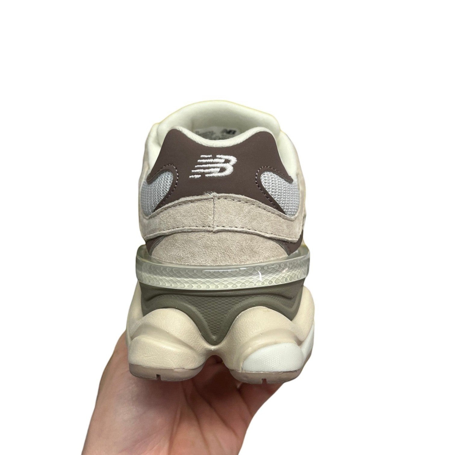 Luxury Chef New Balance 9060 beige suede and mesh sneakers with brown accents and chunky sole.