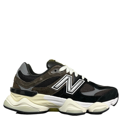 Luxury Chef New Balance 9060 sneakers in black, brown, and grey suede and mesh with a chunky cream sole.