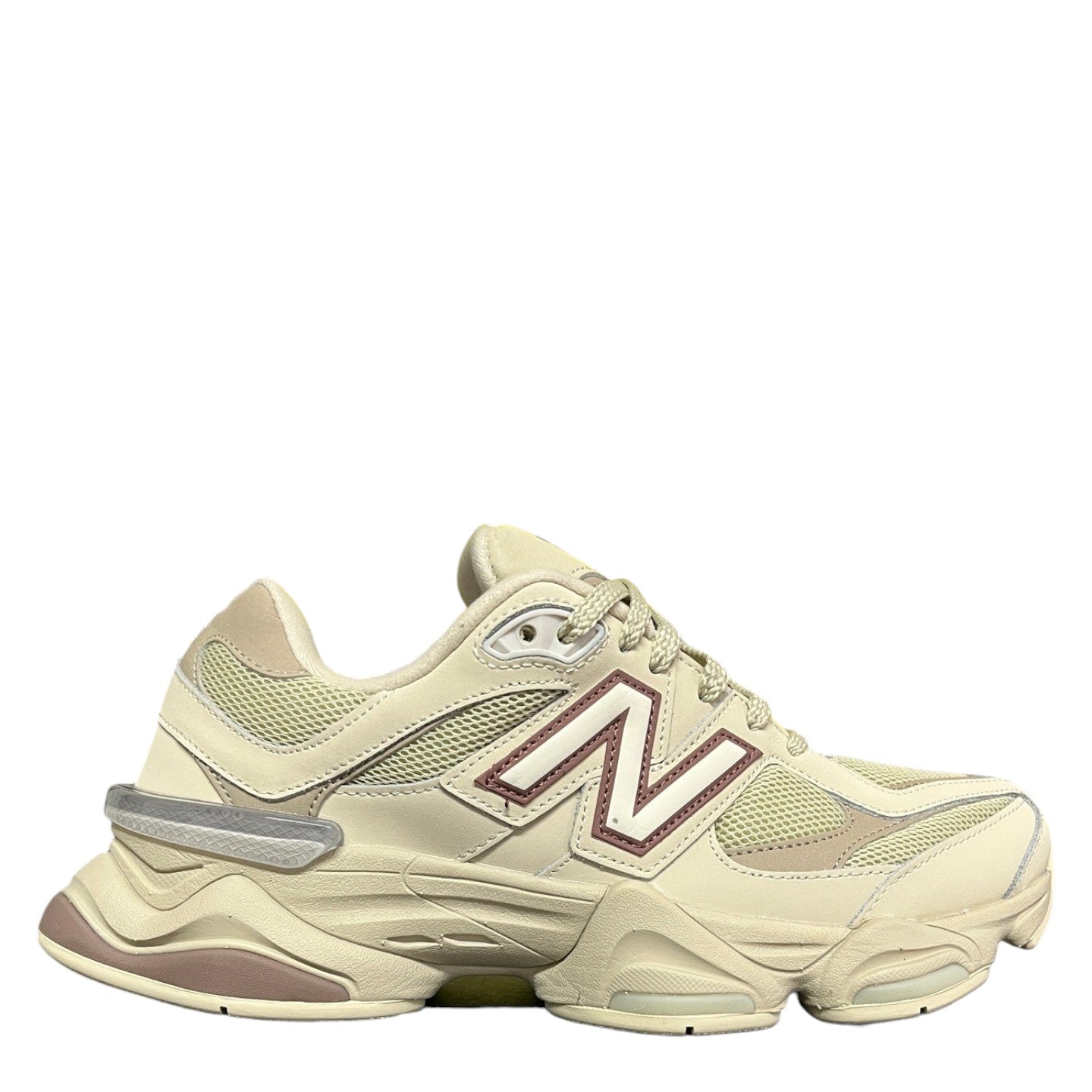 Luxury Chef New Balance 9060 lifestyle sneakers in cream with burgundy accents and mesh panels.