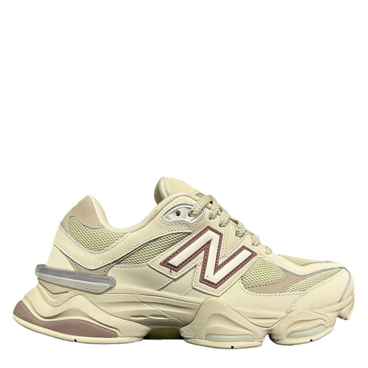 Luxury Chef New Balance 9060 lifestyle sneakers in cream with burgundy accents and mesh panels.