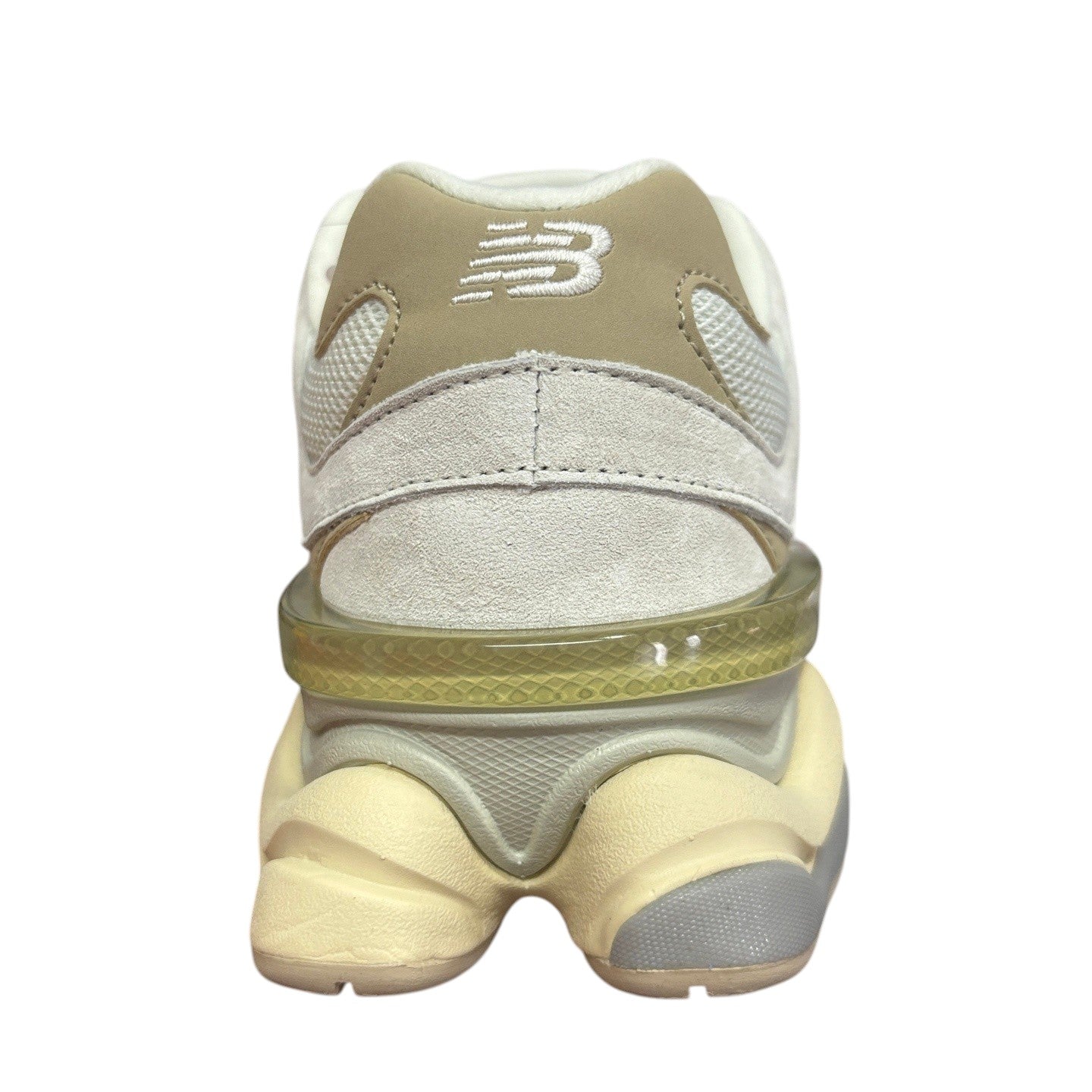 Luxury Chef New Balance 9060 cream and tan suede and mesh sneakers with chunky sole.