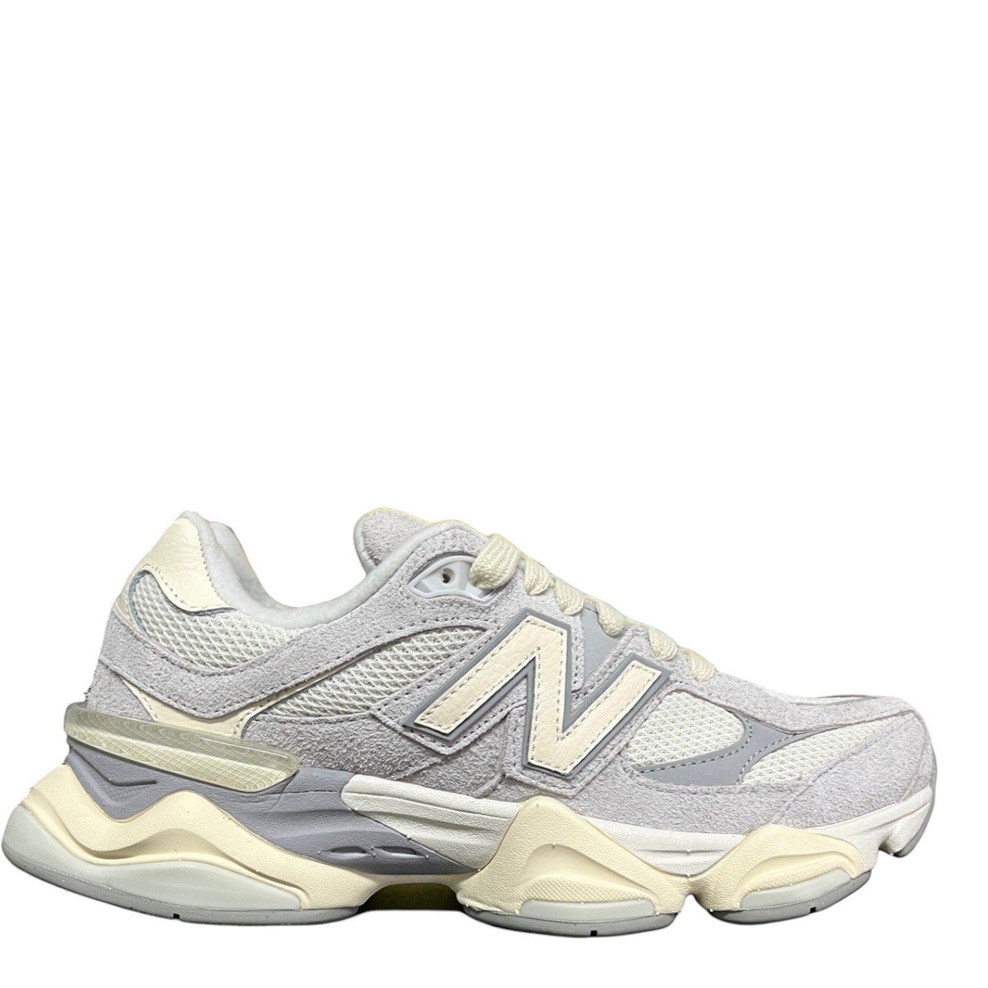 Luxury Chef New Balance 9060 lifestyle sneakers in light grey suede and mesh with cream accents.